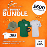 Mega Summer Bundle - 110 Garments (50 Polo Shirts, 50 T-shirts, 10 Caps) with FREE Logo - £600
