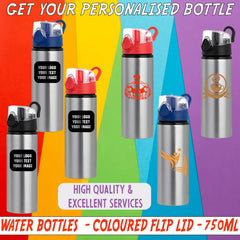 Personalised Custom Coloured Flip Lid 750ML Silver Water Bottle Kids School Travel Gift