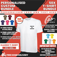 50X Custom Printed Classic T-Shirts Bundle Personalised Custom Embroidered/