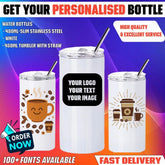 Personalised Custom Water Bottle Slim Stainless Steel School Gym Travel Tumbler