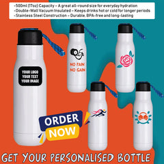 Personalised Custom FlexiCap Water Bottle Stainless Steel 500ML Blue Rope Lid