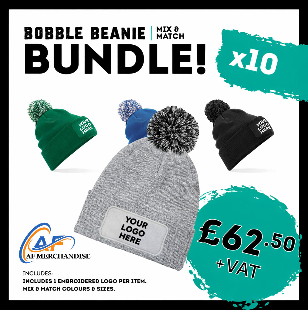 10x BC443 Snowstar® Bobble Beanie Bundle - Custom Embroidered Winter Kit