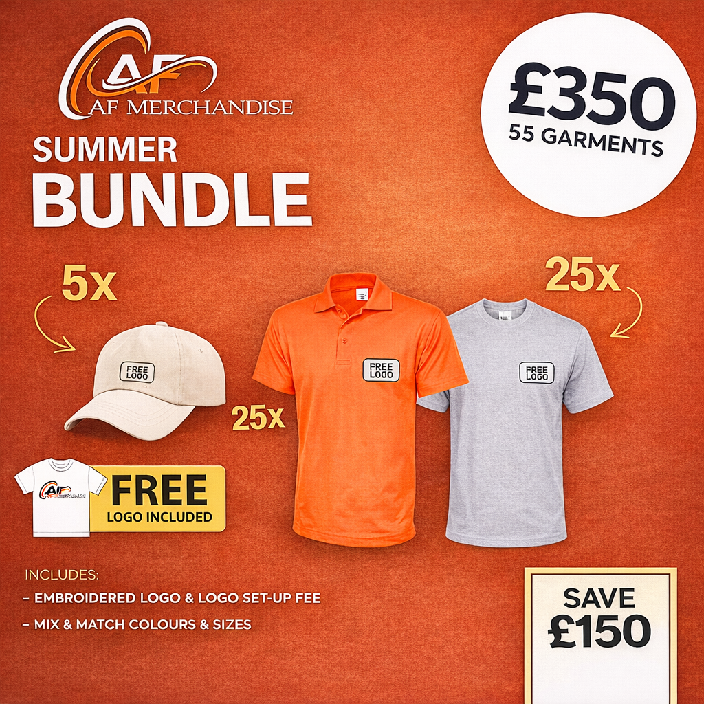 Summer Bundle - 55 Garments (25 Polo Shirts, 25 T-shirts, 5 Caps) with FREE Logo - £350