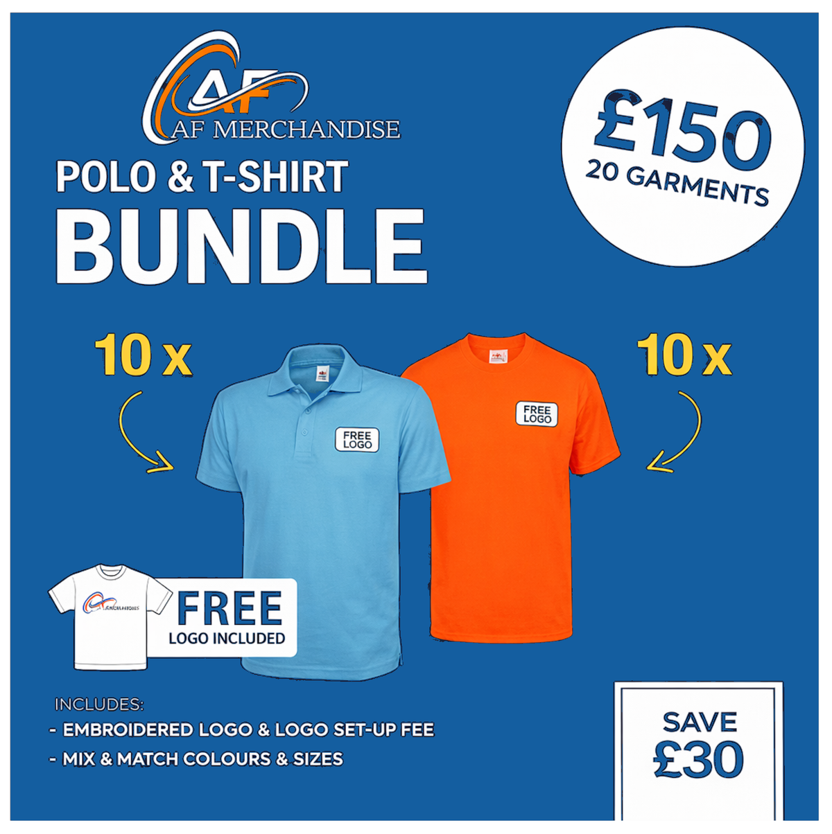 Polo & T-Shirt Bundle - Personalised (10 Polos, 10 T-shirts) with FREE Logo - £150