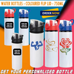 Personalised Custom White Water Bottle Coloured Flip Lid 750ML Gym School Travel Gift