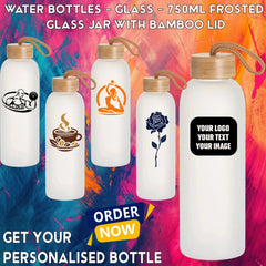 Personalised Custom Frosted Glass Jar Bamboo Lid Water Bottle School Gym Travel