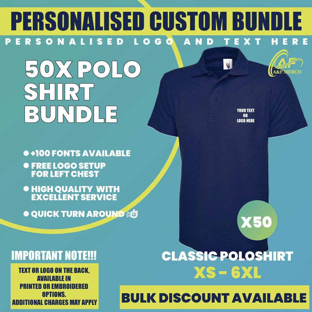50X Custom Printed Classic Polo shirt Bundle Sport Golf Personalised
