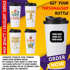 Personalised Custom Printed White Mug Stainless Steel School Gym Travel Tumbler