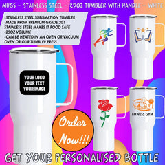 Personalised Custom Mug Stainless Steel School Gym Travel Tumbler With Handle
