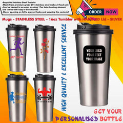 Personalised Custom Printed Silver Mug Stainless Steel School Gym Travel Tumbler